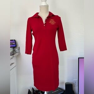 Ralph Lauren Red Sheath Dress with Polo Collar and Cuffed Sleeves